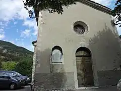 Façade of the Church of Chanolles, to which is attached the plate bearing the names of the inhabitants of this commune who died in World War I