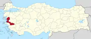 İzmir (II) highlighted in red on a beige political map of Turkeym