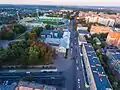 Aerial view at the stadium and nearby buildings