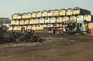 Former British Rail diesel locomotives stacked at Vic Berry, Leicester in October 1987