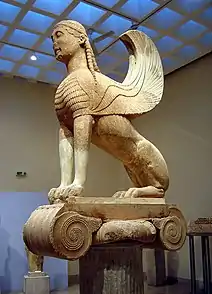 The "Naxian Sphinx" from Delphi, 570–560 BCE, the figure 222 cm (87 in) high