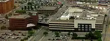 Aerial photo of long, low office building