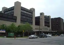 Four story cement colored pillars frame building with black windows, seen from across the street, three cars in front