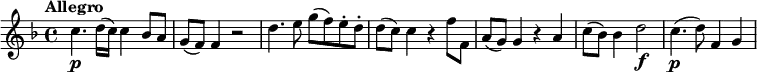 
\relative c'' {
  \key f \major
  \tempo "Allegro"
  c4.\p d16 (c) c4 bes8 a g (f) f4 r2 d'4. e8 g (f) e-. d-. d (c) c4 r f8 f, a (g) g4 r a c8 (bes) bes4 d2\f c4.\p (d8) f,4 g
}
