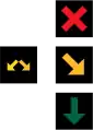 Lane-control signals.Red cross: Lane closed.Yellow arrow(s): Lane closed ahead, change to indicated lane(s).Green arrow: Lane open.