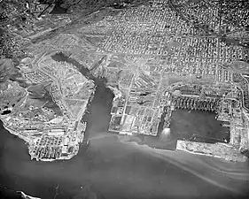 Aerial photo of Richmond Shipyards, 1944, view directed north: #3 (west, foreground); #2 (rectangular basin, east foreground); #4 (end of the channel, south bank); #1 (north of the channel bend).