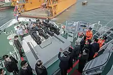 Anping-class offshore patrol vessel onboard multi-barrel Zhenhai rocket system.