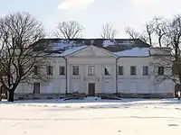 The palace in Słubice, belonging to the counts of Mikorski, coat of arms Ostoja