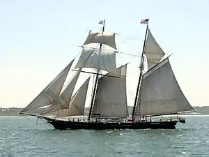 Designed for speed in the Baltimore Clipper tradition, schooner Shenandoah has two raked masts, gaff-rigged; two square sails; a staysail and two jibs.