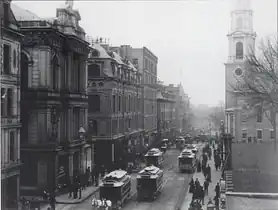 Tremont St., 1891, with view of Horticultural Hall, Studio Building (at left), Park St. Church, Granary Burying Ground (at right)