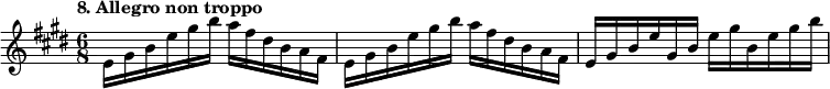 
%etude8
\relative e'
{  
\set Staff.midiInstrument = #"violin"
\time 6/8
\tempo "8. Allegro non troppo"
\key e \major
e16 gis b e gis b a fis dis b a fis | e16 gis b e gis b a fis dis b a fis | e gis b e gis, b e gis b, e gis b |
}

