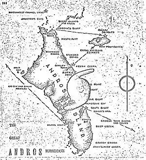 Sketch of Andros and New Providence islands with the hurricane's center, local communities, and relative distances marked