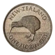 A kiwi, with the text NEW ZEALAND above and ONE FLORIN below.