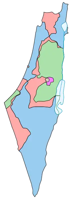 Map comparing the borders of the 1947 partition plan and the Armistice Demarcation Lines of 1949.