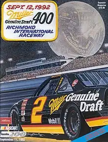 The 1992 Miller Genuine Draft 400 program cover, featuring Rusty Wallace. Artwork by NASCAR artist Sam Bass.