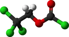 Ball-and-stick model of the 2,2,2-Trichlorethoxycarbonyl chloride molecule