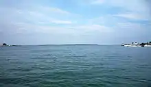 The ferry harbor with Mackinac Island in the distance