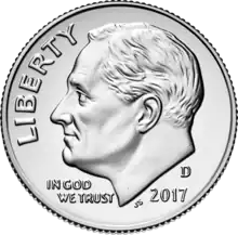 The obverse of the Roosevelt dime, which has been official U.S. currency since 1946