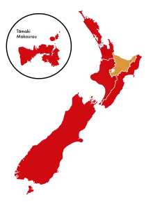 Map of New Zealand with divisions for the Māori electorates, displayed in different colours for political parties.