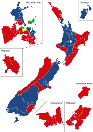 Map of New Zealand with divisions for the general electorates, displayed in different colours for political parties.