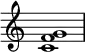 
{
\override Score.TimeSignature #'stencil = ##f
\relative c' { 
  \clef treble 
  \time 4/4
  \textLengthOn
  <c f g>1
} }
