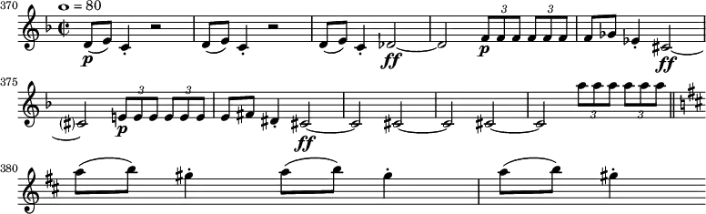 \version "2.14.1"
\layout {
	#(layout-set-staff-size 16)
}
\relative c' {
	\new Staff {
		\override Score.BarNumber.break-visibility = ##(#f #f #t)
		\set Score.currentBarNumber = #370
		\bar ""
		\tempo 1 = 80
		\key f \major
		\time 2/2
		d8\p( e) c4-. r2
		d8( e) c4-. r2
		d8( e) c4-. des2\ff~ des2 \tuplet 3/2 { f8\p[ f f] } \tuplet 3/2 { f[ f f] }
		f ges es4-. cis2\ff~ \break cis? \tuplet 3/2 { e!8\p[ e e] } \tuplet 3/2 { e[ e e] }
		e fis dis4-. cis2\ff~ cis cis~ cis cis~ cis \repeat unfold 2 {\tuplet 3/2 { a''8[ a a] } } \bar "||" \break
		\key d \major
		a( b) gis4-. a8( b) gis4-.
		a8( b) gis4-.
	}
}