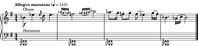 
{   \new PianoStaff << \relative bes' {
    \clef "treble" \numericTimeSignature\time 4/4 \key e \minor \tempo "Allegro maestoso" 4 = 110 | % 1
    \stemDown bes4 ^ "Oboes" _\f \stemDown es4 \acciaccatura { \stemUp es16
        ( } \stemDown d8 ) \stemDown es4. | % 2
    \grace { \stemUp as16 ( [ \stemUp g16 \stemUp ges16 ) ] } \stemDown
    f2 \grace { \stemUp g16 ( [ \stemUp gis16 \stemUp as16 ) ] }
    \stemDown bes2 | % 3
    \stemDown as8. [ \stemDown g16 ^. ] \stemDown f8 ^. [ \stemDown g8
    ^. ] \stemDown f8 ( \stemDown es4 ) \stemDown g16 ( [ \stemDown f16
    ) ] | % 4
    \stemDown bes,4. \stemDown as16 ( [ \stemDown c16 ] \stemDown bes2 )
    \bar "|."
    }
    \new Staff \relative bes,, {
    \clef "bass" \numericTimeSignature\time 4/4 \key e \minor | % 1
    <bes f'>1 ^ "Bassoons" | % 2
    <bes f'>1 | % 3
    <bes f'>1 | % 4
    <bes f'>1 \bar "|."
    } >> }
    