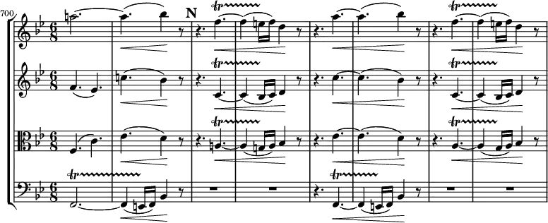 
{ 
#(set-global-staff-size 19)
<< \new StaffGroup <<
        \new Staff <<
            \set Score.currentBarNumber = #700
            \clef treble \key bes \major \time 6/8
            \bar ""
            \relative c''' {
                \clef treble \key bes \major \time 4/4
                a!2.~ a4.(\< bes4)\! r8
                \mark #13
                r4. f4.~\<\startTrillSpan f4( e16\stopTrillSpan f) d4\! r8
                r4. a'~\< a( bes4)\! r8
                r4. f4.~\<\startTrillSpan f4( e16\stopTrillSpan f) d4\! r8
                }
            >>
        \new Staff <<
            \clef treble \key bes \major \time 6/8
            \new Voice \relative c' {
                f4.( es) c'!\<( bes4\!) r8
                r4. c,~\<\startTrillSpan c4( bes16\stopTrillSpan c) d4\! r8
                r4. c'~\< c( bes4\!) r8
                r4. c,~\<\startTrillSpan c4( bes16\stopTrillSpan c) d4\! r8
                }
            >>
        \new Staff <<
            \clef alto \key bes \major \time 6/8
            \new Voice \relative c {
                f4.( c') es(\< d4)\! r8
                r4. a!~\<\startTrillSpan a4( g!16\stopTrillSpan a) bes4\! r8
                r4. es~\< es( d4)\! r8
                r4. a~\<\startTrillSpan a4( g16\stopTrillSpan a) bes4\! r8
                }
            >>
        \new Staff <<
            \clef bass \key bes \major \time 6/8
            \new Voice \relative c, {
                f2.~\startTrillSpan f4(\< e16\stopTrillSpan f) bes4\! r8
                R2. R
                r4. f~\<\startTrillSpan f4( e16\stopTrillSpan f) bes4\! r8
                R2. R
                }
         >>
    >>
>> }
