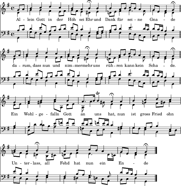 
<< <<
\new Staff { \clef treble \time 4/4 \partial 4 \key g \major \set Staff.midiInstrument = "church organ" \set Score.tempoHideNote = ##t \override Score.BarNumber  #'transparent = ##t
  \relative c'' \repeat unfold 2 { << { g8 a | b4 c d c | b a b\fermata 
  b | b a8 b c b a4 | g8 e fis4 g\fermata \bar "||" \break } \\ 
  { d4 | g g fis e8 fis | g fis8 e4 dis 
  e | d!8 e fis4 g4. fis8 | g4 d d } 
  >> }
  \relative c''
  << { g4 | a b c b | a8. b16 b4\trill a\fermata
  a | b c d c | b a b\fermata
  g | a b c8 b a4 | g8 e fis4 g\fermata \bar"|." } \\
  { d8 e | fis4 gis a8[ a,] d e | a, a'4 gis8 e4 
  d | d g! fis8 gis a4 | g!8 fis e4 dis
  b8 cis | d! e fis4 e4. d16 c! | g'4 d d } >>
}
\new Lyrics \lyricmode {
Al4 -- lein Gott in der Höh sei Ehr
und Dank für sei -- ne Gna2 -- de4
da4 -- rum, dass nun und nim -- mer -- mehr
uns rüh -- ren kann kein Scha2 -- de.4
Ein4 Wohl -- ge -- falln Gott an uns hat,
nun ist gross Fried ohn Un -- ter -- lass,
all Fehd hat nun ein En2 -- de
}
\new Staff { \clef bass \key g \major \set Staff.midiInstrument = "church organ"
  \relative c' \repeat unfold 2 { << { b8 c | d4 e8[ g,] a[ b] c[ d] | e b c4 fis,
  g8 a | b c d4 e4. d16 c | d8 c16 b a4 b } \\ 
  { g,4 | g'8 fis e4 d a | e'8 d c4 b 
  e8 fis | g4 fis e8[ d] c[ a] | b c d4 g, } 
  >> }
  \relative c'
  << { b4 | a d e8[ f] f e | e16[ d e8] f e16 d c4
  a | g g8 a b4 e, | e'8 b c4 fis,
  g | fis b8 a g4. fis8 | d'8 c16 b a4 b } \\
  { g4 | d8[ d'] c b a4 g | f8[ c] d e a,4
  fis'4 | g8 fis e4 b c8 d | e d c4 b
  e | d dis e8[ d] c a | b c d4 g, } >>
}
>> >>
\layout { indent = #0 }
\midi { \tempo 4 = 90 }
