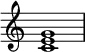 
{
\override Score.TimeSignature #'stencil = ##f
\relative c' { 
  \clef treble 
  \time 4/4
  <c e g>1
} }
