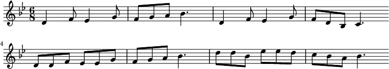 
\new Staff <<
\clef treble \key bes \major {
      \time 6/8 \partial 2.     
      \relative d' {
	d4 f8 es4 g8 | f8 g a bes4. | d,4 f8 es4 g8 | f8 d bes c4. \bar"" \break
        d8 d f es es g | f8 g a bes4. | d8 d bes es es d | c8 bes a bes4. \bar"" \break
      }
    }
%\new Lyrics \lyricmode {
%}
>>
\layout { indent = #0 }
\midi { \tempo 4. = 56 }
