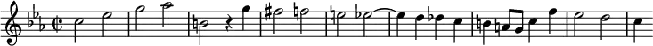 
\relative c'{
 \clef treble
 \key c \minor
 \time 2/2
 \set Staff.midiInstrument = "harpsichord"
    c'2 ees      | % 1
    g aes        | % 2
    b, r4 g'     | % 3
    fis2 f       | % 4
    e ees~       | % 5
    ees4 d des c | % 6
    b a8 g c4 f  | % 7
    ees2 d \bar "|"  | % 8
    c4
}