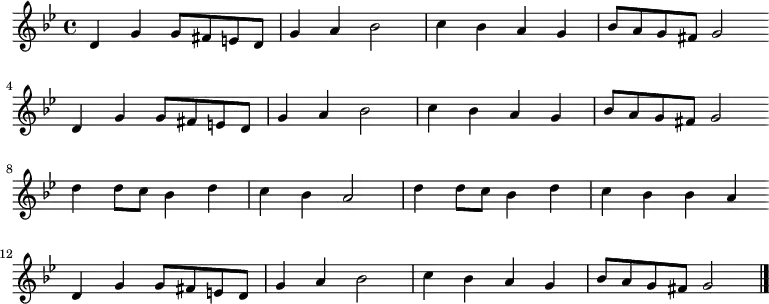 
\new Staff <<
\clef treble \key g \minor {
      \time 4/4 \partial 1    
      \relative g' {
        d4 g g8 fis e d | g4 a bes2 | c4 bes a g | bes8 a g fis g2 \bar"" \break
        d4 g g8 fis e d | g4 a bes2 | c4 bes a g | bes8 a g fis g2 \bar"" \break
        d'4 d8 c bes4 d | c4 bes a2 | d4 d8 c bes4 d | c4 bes bes a \bar"" \break
	d,4 g g8 fis e d | g4 a bes2 | c4 bes a g | bes8 a g fis g2 \bar"|."
      }
    }
%\new Lyrics \lyricmode {
%}
>>
\layout { indent = #0 }
\midi { \tempo 4 = 86 }
