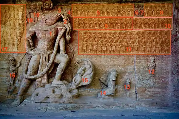 Naga (marked 15) in the Varaha panel at Udayagiri Caves