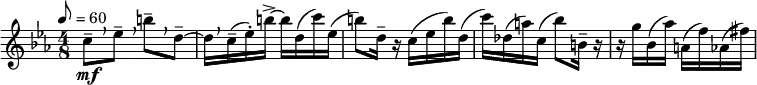  \relative c'' { \set Staff.midiInstrument = #"oboe" \clef treble \key c \minor \time 4/8 \tempo 8 = 60 c8--[\mf \breathe ees--] \breathe b'--[ \breathe d,--~] | d16[ \breathe c(-- ees-.) b'->~] b[ d,( c') ees,(] | b'8) d,16-- r c( ees b') d,( | c') des,( a') c,( bes'8) b,16-- r | r g' bes,( aes') a,( f') aes,( fis') } 