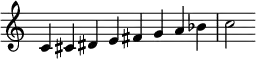 
{
\override Score.TimeSignature #'stencil = ##f
\relative c' {
  \clef treble \key c \major \time 8/4
  c4 cis dis e fis g a bes c2
} }
