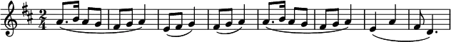 
 \relative d''{
   \key d \major
   \time 2/4

% 1st time
   a8. (b16 a8 g8 fis8 g8 a4) e8 (fis8 g4) fis8 (g8 a4)

% 2nd time
   a8. (b16 a8 g8 fis8 g8 a4) e4 (a4 fis8 d4.)
  }
