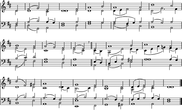 
<< <<
\new Staff { \clef treble \time 3/2 \partial 2 \key d \major \set Staff.midiInstrument = "flute" 
             \omit Staff.TimeSignature \set Score.tempoHideNote = ##t \override Score.BarNumber #'transparent = ##t
  \relative c'
  << { d2 | fis( g) e | d1 fis2 | a1 b2 | a1 a2 | d1 cis2 | \break
  b1 a2 | a( g) fis | fis( e) \breathe \bar"||" e | a1 b2 | cis1 a2 |
  d( fis,) gis | a1 d,2 | g1 fis2 | e1 d2 | d4( e fis2) e | d1 \bar"|." } \\
  { d2 | d1 cis2 | d1 d2 | d1 d2 | d4( e fis2) e | d( g2.) fis4 |
  fis2( e) fis | cis1 d2 | d( cis) cis4( b) | a2( e') e4( d) | cis( e a g!) fis( e) |
  d1 d2 | cis1 d4( cis) | b2.( cis4) d2 | b1 b2 | a( d) cis | d1 } >>
}
\new Staff { \clef bass \key d \major \set Staff.midiInstrument = "flute" \omit Staff.TimeSignature
  \relative c
  << { fis2 | a( b) a4( g) | fis1 a2 | a1 g2 | a( fis4 g) a2 | a( g) a |
  b( cis) d | a1 a2 | a1 e4( d) | cis( e a2) gis | a1 a4( g) |
  fis2( b) b | a2.( g4) fis2 | g( b) a | g2.( fis4) e2 | fis4( g a2) a4( g) | fis1 } \\
  { d2 | d( g,) a | d1 d2 | fis1 g2 | fis( d) cis | b1 a2 |
  g( g') fis | e1 d2 | a1 a2 | a( cis) e | a1 a,2 |
  b1 e2 | a,1 b2 | <e e,>1 fis,2 | g1 gis2 | a1 a2 | d1 } >>
}
>> >>
\layout { indent = #0 }
\midi { \tempo 2 = 68 }
