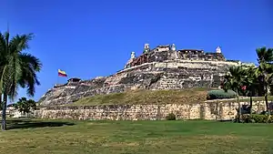 A color picture of the ruins of a Spanish colonial fort, Castillo San Felipe de Barajas