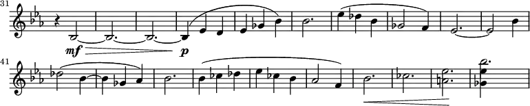 
\relative c' \new Staff \with { \remove "Time_signature_engraver" } {
  \key es \major \clef "treble"
  \set Staff.midiInstrument = "violin"
  \set Score.tempoHideNote = ##t \tempo 4 = 76
  \set Score.currentBarNumber = #31 \bar ""
  \time 3/4
  r4 bes2\mf\> ~ | bes2. ~ | bes ~ | bes4\p( es d | es ges bes) | bes2. |
  es4( des bes | ges2 f4) | es2. ~ | es2 bes'4 |
  des2( bes4 ~ | bes ges as) | bes2. |
  \override Hairpin #'to-barline = ##f
  bes4( ces des | es ces bes | as2 f4) | bes2.\< | ces | <a es'>\! | << \stemDown <ges es'>4 \\ bes'2. >> |
}
