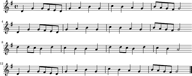 
\new Staff <<
\clef treble \key g \major {
      \time 4/4 \partial 1    
      \relative g' {
        d4 g g8 fis e d | g4 a b g | c4 b a g | b8 a g fis g2 \bar"" \break
        d4 g g8 fis e d | g4 a b g | c4 b a g | b8 a g fis g2 \bar"" \break
        d'4 d8 c b4 d | c4 b b a | d4 d8 c b4 d | c4 b a2 \bar"" \break
	d,4 g g8 fis e d | g4 a b g | c4 b a g | b8 a g fis g2 \bar"|."
      }
    }
%\new Lyrics \lyricmode {
%}
>>
\layout { indent = #0 }
\midi { \tempo 4 = 86 }
