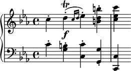 
    {
      \override Score.SpacingSpanner.strict-note-spacing = ##t
  \set Score.proportionalNotationDuration = #(ly:make-moment 1/8)
      \new PianoStaff <<
        \new Staff <<
            \relative c'' {
                \clef treble \key c \minor \time 4/4
                c4-. d-.(\f\trill \grace {c16 d} es4-.) <b d b'>-. <c es c'>
                }
            >>
        \new Staff <<
            \relative c' {
                \clef bass \key c \minor \time 4/4
                c4-. <g b>-. <c, c'>-. <g g'>-. <c, c'>
                }
            >>
    >> }
