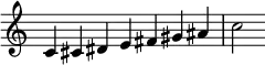  {
\override Score.TimeSignature #'stencil = ##f
\relative c' { 
  \clef treble \time 7/4
  c4 cis dis e fis gis ais c2 }
}

