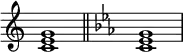 \new Staff \with { \omit TimeSignature } { <c' e' g'>1 \bar "||" \key c \minor <c' es' g'> }