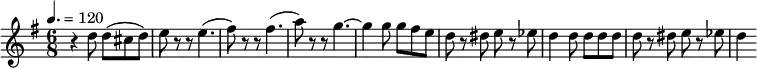 
\relative c'' { 
  \set Staff.midiInstrument = #"piano"
  \tempo 4. = 120
  \key g \major
  \time 6/8
  r4 d8 d( cis d) | e r8 r8 e4.( | fis8) r8 r8 fis4.( | a8) r8 r8 g4. ~ g4 g8 g fis e | d8 r8 dis8 e r8 es8 | d4 d8 d d d | d8 r8 dis8 e r8 es | d4
}
