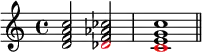  { 
\new Staff <<
\new Voice \relative c' {
  \clef treble \key c \major \time 4/4 
  \override NoteColumn.force-hshift = #1 \override NoteHead.color = #red s2 des \override NoteColumn.force-hshift = #0.5 c1
} 
\new Voice \relative c' {
  \clef treble \key c \major \time 4/4 
  <d f a c>2 <f aes ces> <e g c>1 \bar "||"
}
>> }
