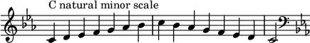  {
\omit Score.TimeSignature\relative c' {
  \key c \minor \time 7/4 c^"C natural minor scale" d es f g aes bes c bes aes g f es d c2
  \clef F \key c \minor
} }
