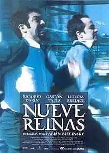 Two men run with the backdrop of an Argentine city behind them. The bottom tagline reads the film's title and casting credits.