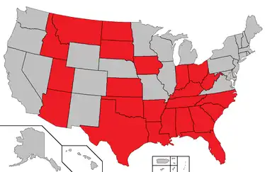 A map of states affected, highlighted in red, as of April 2023