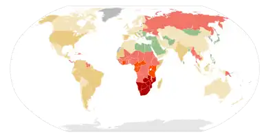 A map of the world where most of the land is colored green or yellow except for Sub-Saharan Africa which is colored red